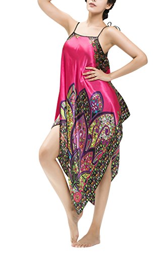 Dolamen Camisón para Mujer, Mujer Camisones Raso Satin Pijamas, Impresión Retro lencería Spaghetti Strap Babydoll Satén Neglige Lencería Ropa de Dormir, Busto: 110cm, 43.31 Inch (Rosa)