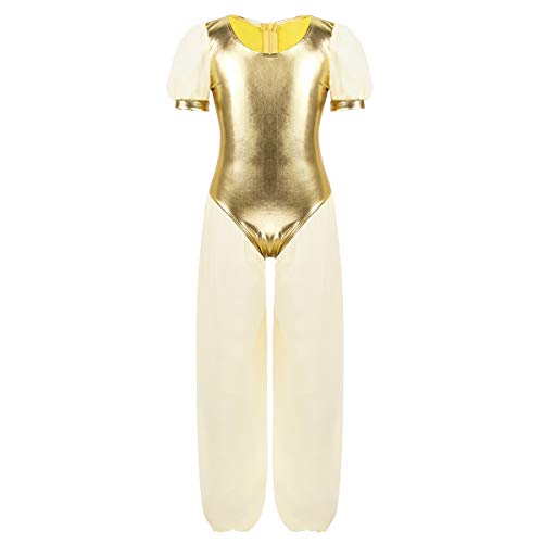 dPois Disfraz Bailarian de Princesa Árabe Niña Maillot de Ballet Danza Leotardo Gimnasia Metálico Brillante Mono Deportivo Body de Danza Baile Fiesta Halloween Dorado 6 Años