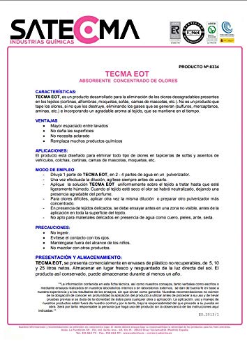 Eliminador de olores concentrado para tapicerías TECMA EOT 1L - SATECMA. para olores por"accidentes" de mascotas, vómitos en tapicerías de coches, olores alfombrillas de cazadores y pescadores, cines