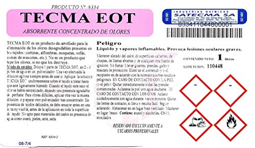 Eliminador de olores concentrado para tapicerías TECMA EOT 1L - SATECMA. para olores por"accidentes" de mascotas, vómitos en tapicerías de coches, olores alfombrillas de cazadores y pescadores, cines