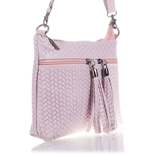 Firenze Artegiani Bolso de Mujer en Piel auténtica Gamuza, Grabado con Motivo Trenzado en Espiga y Lacado, 27 cm, Rosa Claro