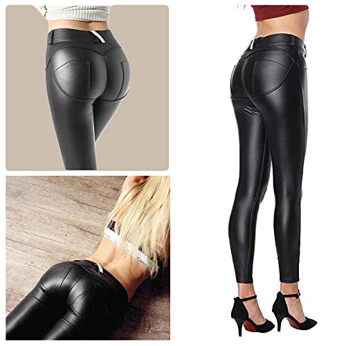 FITTOO Mujeres PU Leggins Cuero Brillante Pantalón Elásticos Pantalones para Mujer Negro L
