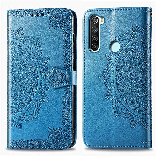 Funda para Xiaomi Redmi Note 8T, Carcasa Libro con Tapa Flip Case Antigolpes Golpes Cartera PU Cuero Suave Soporte con Correa de Mano Cordel - Mandala Azul