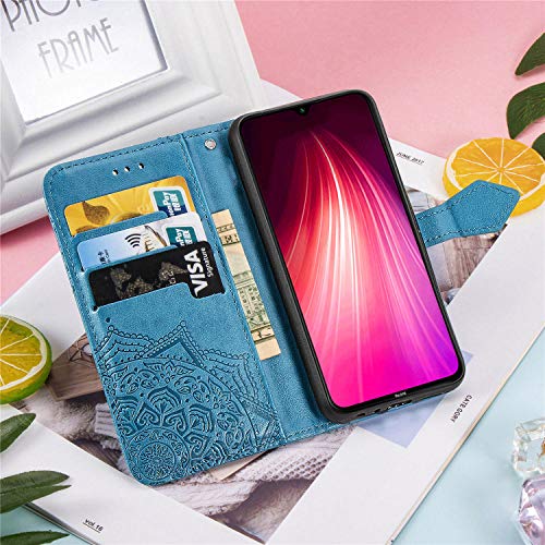 Funda para Xiaomi Redmi Note 8T, Carcasa Libro con Tapa Flip Case Antigolpes Golpes Cartera PU Cuero Suave Soporte con Correa de Mano Cordel - Mandala Azul