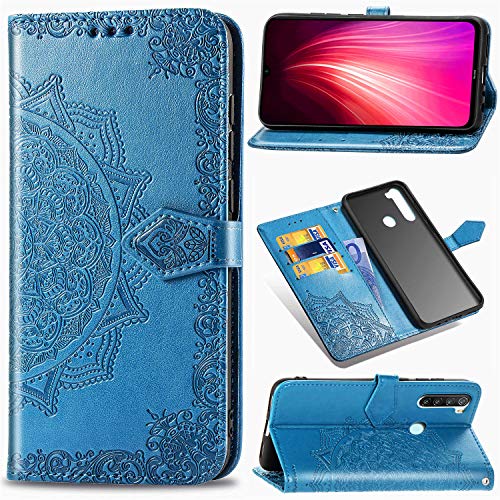Funda para Xiaomi Redmi Note 8T, Carcasa Libro con Tapa Flip Case Antigolpes Golpes Cartera PU Cuero Suave Soporte con Correa de Mano Cordel - Mandala Azul