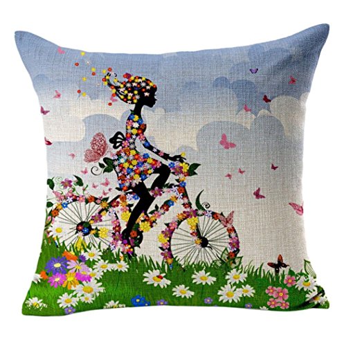 Fundas de Cojines 45x45 Vintage Floral Chica Bicicleta Funda de Almohada de Lino Algodón para Decoración del hogar (05)