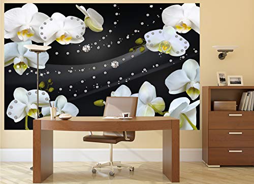 GREAT ART Mural De Pared – Orquídeas con Diamantes Y Fondo Negro – Obra De Arte Diseño Gráfico Patrón Floral Abstracto Foto Papel Pintado Y Tapiz Y Decoración (210 x 140 cm)