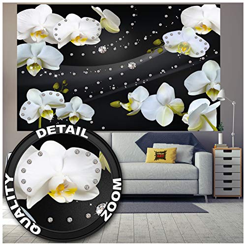 GREAT ART Mural De Pared – Orquídeas con Diamantes Y Fondo Negro – Obra De Arte Diseño Gráfico Patrón Floral Abstracto Foto Papel Pintado Y Tapiz Y Decoración (210 x 140 cm)