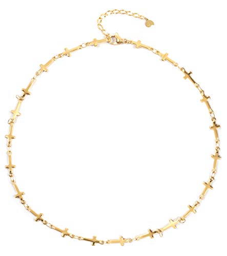Happiness Boutique Damas Choker Delicado de Cruz en Color Oro | Collar Corto de Cruz Joyería de Acero Inoxidable