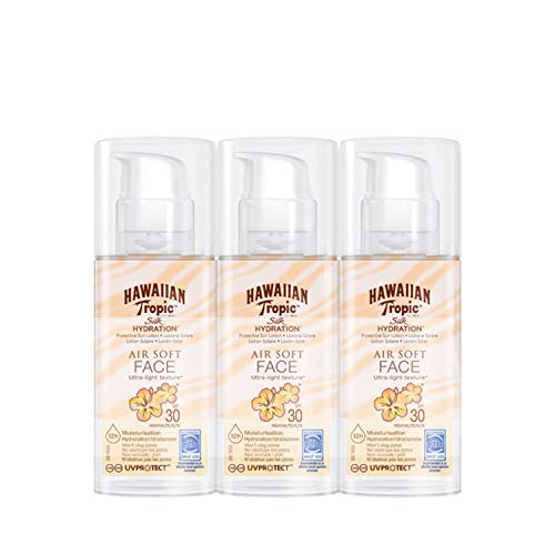Hawaiian Tropic - Silk Hydration Air Soft Face - Loción de Crema Solar Facial Protectora para el Rostro SPF 30, Crema Hidratante Facial con Protección, Pack de 3, 50 ml.