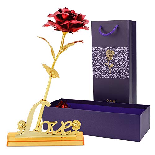 Hoja de Oro 24K Rosa,hicoosee Rosa con Soporte Love y Caja de Regalo Día para San Valentín, Día de la Madre, Aniversario, Boda, Cumpleaños,Decoración del Hogar