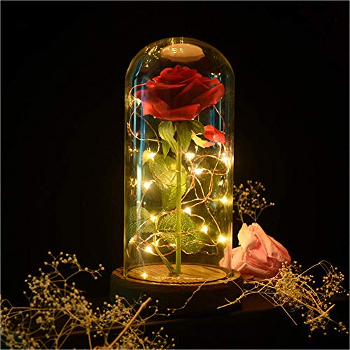 Houkiper Rosa Bella y Bestia Cristal Original, Cúpula de Cristal Rosa 20-LED Luz de Tira, para La Esposa, Novia, Cumpleaños, Día de la Madre, Aniversario de Bodas, Día de San Vale