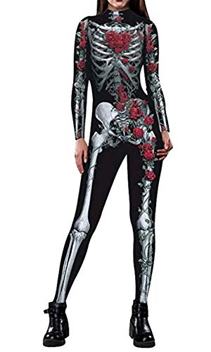 Idgreatim Traje de Halloween para mujer, estampado en 3D, manga larga, pitillo esqueleto, traje de cosplay