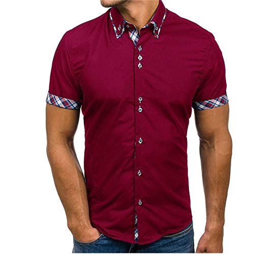 JINYAUN Slim Fit Camisa Masculina Moda Hombre Business Patchwork Botón Casual Plaid Manga Corta Top Blusa cómoda Vino Tinto 2XL