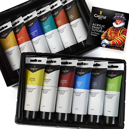 Juego de pintura acrílica grande Castle Art Supplies, 12 tubos de pintura de 75 ml para principiantes, artistas o estudiantes. Para lienzo, madera, cerámica, tela y uñas