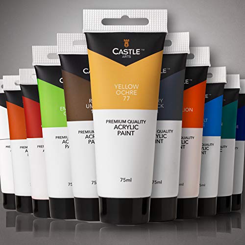 Juego de pintura acrílica grande Castle Art Supplies, 12 tubos de pintura de 75 ml para principiantes, artistas o estudiantes. Para lienzo, madera, cerámica, tela y uñas