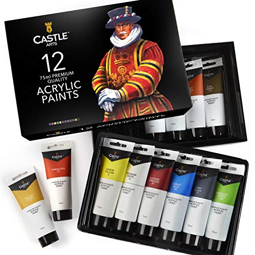 Juego de pintura acrílica grande Castle Art Supplies, 12 tubos de pintura de 75 ml para principiantes, artistas o estudiantes. Para lienzo, madera, cerámica, tela y uñas
