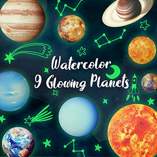 Konsait Brillante Estrellas y Planetas Pegatina de Pared para Dormitorio de Niños, Luna Estrellas Adhesivos Decorativo de Pared Luminoso Fluorescentes para Techo Chico Niña Bebé, Casa Interior Mural