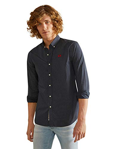 La Martina Man Shirt L/s Printed Popeline Camisa Casual, Azul (Navy/Optic White F7001), Small para Hombre
