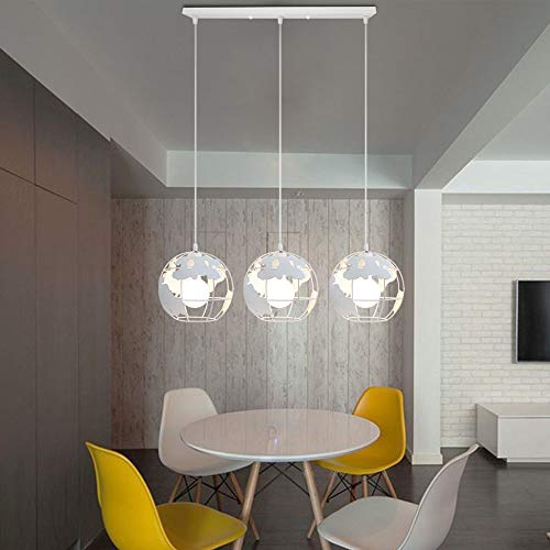Lámpara Colgante de Globo Terráqueo Grupo de 3 vías Palo Hierro Creativo 3 cabeza Industrial Luz de Techo Decoración para Restaurante Loft Escalera Casa（Blanco）