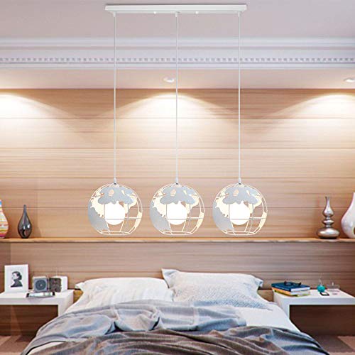 Lámpara Colgante de Globo Terráqueo Grupo de 3 vías Palo Hierro Creativo 3 cabeza Industrial Luz de Techo Decoración para Restaurante Loft Escalera Casa（Blanco）