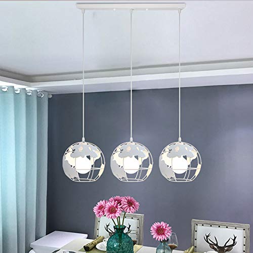 Lámpara Colgante de Globo Terráqueo Grupo de 3 vías Palo Hierro Creativo 3 cabeza Industrial Luz de Techo Decoración para Restaurante Loft Escalera Casa（Blanco）