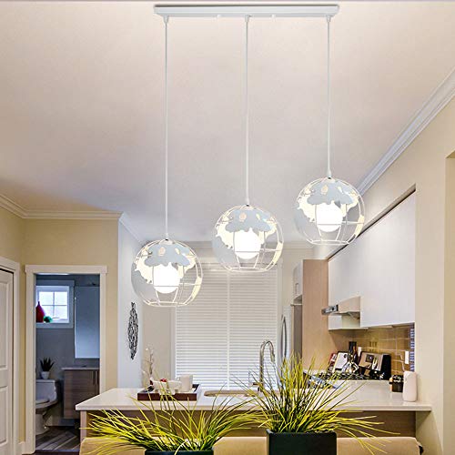 Lámpara Colgante de Globo Terráqueo Grupo de 3 vías Palo Hierro Creativo 3 cabeza Industrial Luz de Techo Decoración para Restaurante Loft Escalera Casa（Blanco）