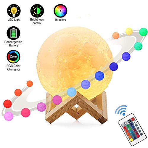 Lámpara De Luna Led 3D,16 Colores Luz de Noche Ambiente Lámparas, USB Recargable Remoto Control Control Táctil Luz Decorativa para Dormitorio, Salón (20CM)