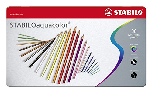 Lápiz de color acuarelable STABILO aquacolor - Caja de metal con 36 colores