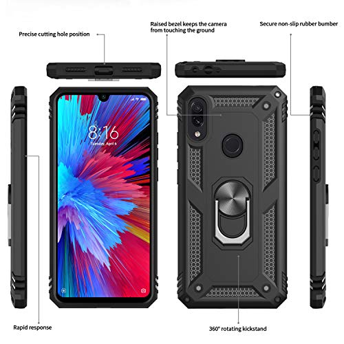LeYi Funda XiaoMi Redmi Note 7 con HD Protectores de Pantalla, Armor Carcasa con 360 Grados Anillo iman Soporte Hard PC y Silicona TPU Bumper Antigolpes Case para Movil Redmi Note 7,Negro