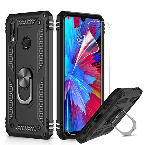 LeYi Funda XiaoMi Redmi Note 7 con HD Protectores de Pantalla, Armor Carcasa con 360 Grados Anillo iman Soporte Hard PC y Silicona TPU Bumper Antigolpes Case para Movil Redmi Note 7,Negro