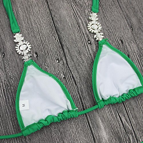 Lolittas Summer New Llegada, sexy mujer de plástico con piedras de cristal de decoración de plástico con volantes, sujetador push-up, lado de amarre, conjunto de bikini verde sólido (M, verde)
