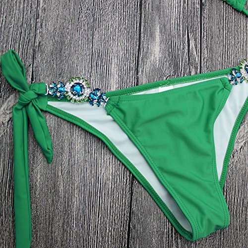 Lolittas Summer New Llegada, sexy mujer de plástico con piedras de cristal de decoración de plástico con volantes, sujetador push-up, lado de amarre, conjunto de bikini verde sólido (M, verde)