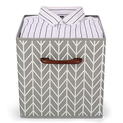 MaidMAX Cajas de Almacenaje Decorativas, Cubos de Almacenamiento Plegables con Mango de Madera, Set de 6 Cajas Organizadoras para Guardar Ropa, Juguetes, 26,7 x 26,7 x 27,9 cm