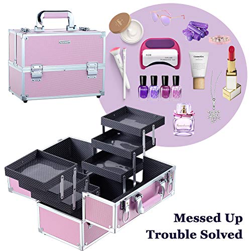 Maletin Maquillaje Grande Profesional Neceser Organizador Maquillaje Vacio para Maquilladores Caja Maquillaje de Viaje Joyero Organizador Esmalte de Uñas con 6 Bandejas Regalos para Mujer, Rosa