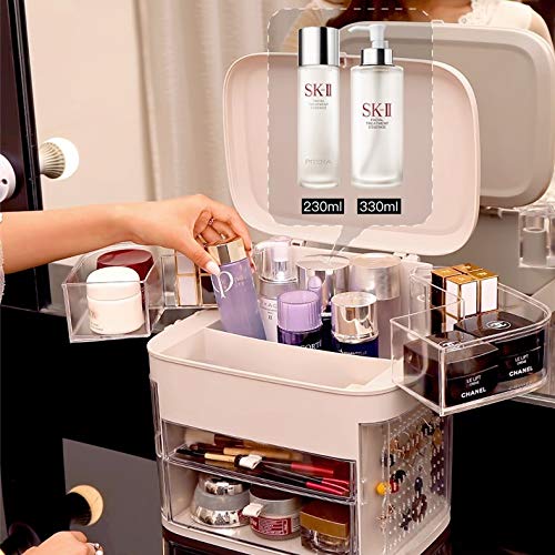 MAYL Caja de Almacenamiento portátil a Prueba de Polvo cosmético INS con HD Espejo, Joyero Transparente for Chicas Elegantes, Escritorio Estante (Color : Pink)