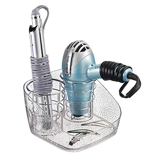 mDesign Organizador para Cuidado de Cabello – Soporte para secador de Pelo, Plancha, cepillos y Productos de peluquería – Ideal como Organizador de tocador o Estante de baño – Transparente