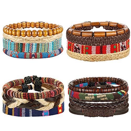 Milacolato 15PCS Pulseras Cuero para Hombre Mujer Brazalete Cuenta de Madera Trenzado Plusera Cordón Cáñamo Cordones Étnico Tribal Ajustable Charm
