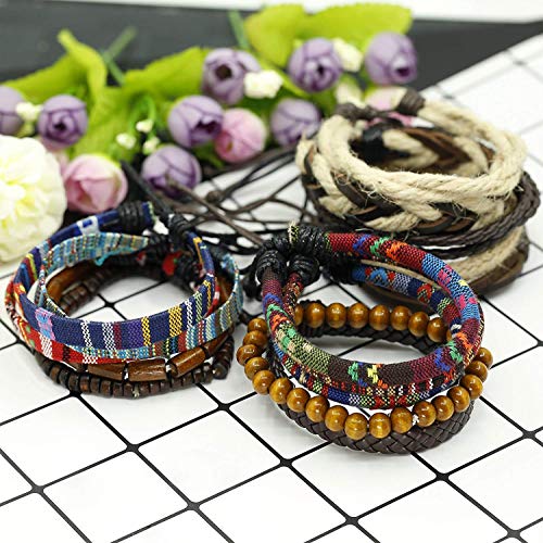Milacolato 15PCS Pulseras Cuero para Hombre Mujer Brazalete Cuenta de Madera Trenzado Plusera Cordón Cáñamo Cordones Étnico Tribal Ajustable Charm