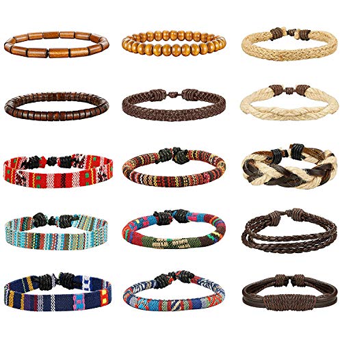 Milacolato 15PCS Pulseras Cuero para Hombre Mujer Brazalete Cuenta de Madera Trenzado Plusera Cordón Cáñamo Cordones Étnico Tribal Ajustable Charm