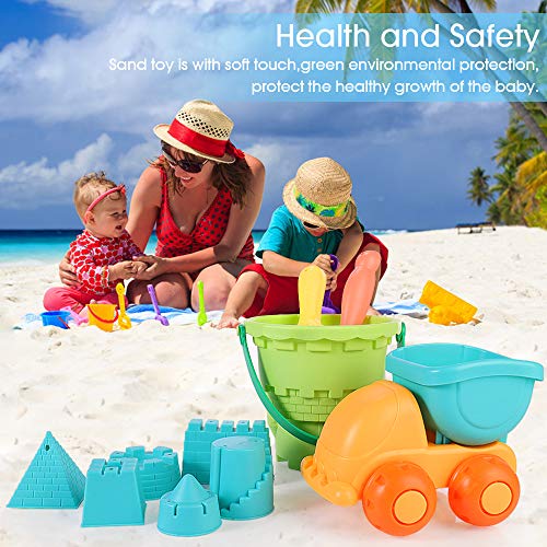 Mingfuxin Juguetes De Playa para Niños,Juego De Juguetes De Playa Y Arena para Niños con Camion Bucket Castle Moldes Y Bolsa De Malla Material Plastico Blando (Azul)