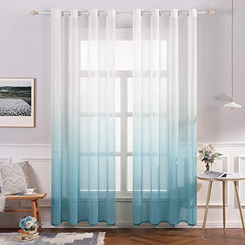 MIULEE Cortina Translúcida Visillo Gradiente Color Degradado Dos Paneles de Ojales Plateados Gasa para Ventanas Habitacion Dormitorio Cocina Sala de Estar 140x225cm Gradiente Vertical Azul