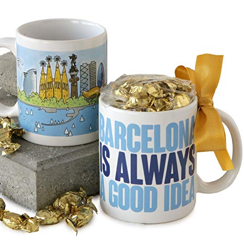 Mopec Taza de Porcelana Barcelona is Always a Good Idea Adornada con Caramelos de Fruta, Pack de 1 Unidad, Azul, 8.20x8.20x9.50 cm