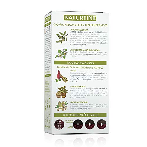 Naturtint Coloración 5M Castaño Claro Caoba, 100% Cobertura de canas y Hidratación, Ingredientes Vegetales y Aceites 100% Biobotánicos, Color Natural y Duradero, Sin Amoniaco, Pack de 3.
