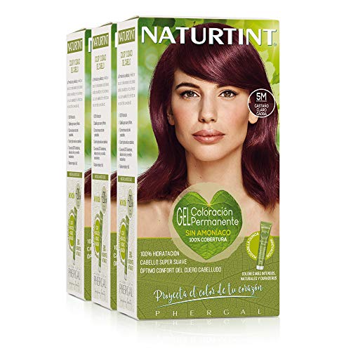 Naturtint Coloración 5M Castaño Claro Caoba, 100% Cobertura de canas y Hidratación, Ingredientes Vegetales y Aceites 100% Biobotánicos, Color Natural y Duradero, Sin Amoniaco, Pack de 3.