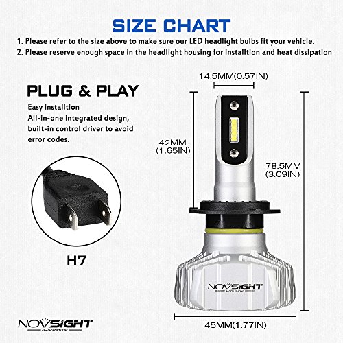 NOVSIGHT H7 Faros Delanteros Bombillas LED 50 W 10000LM 6500K Super Brillante Lámpara de Luces Blancas Frías para Coches, Vehículos, IP68 Impermeable (2 Piezas)