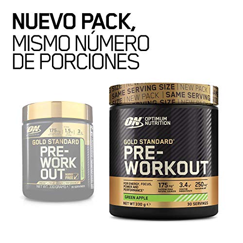 Optimum Nutrition Gold Standard Pre Workout en Polvo, Bebida Energética con Creatina Monohidratada, Beta Alanina, Cafeína y Vitamina B Complex, Manzana Verde, 30 Porciones, 330g, Embalaje Puede Variar