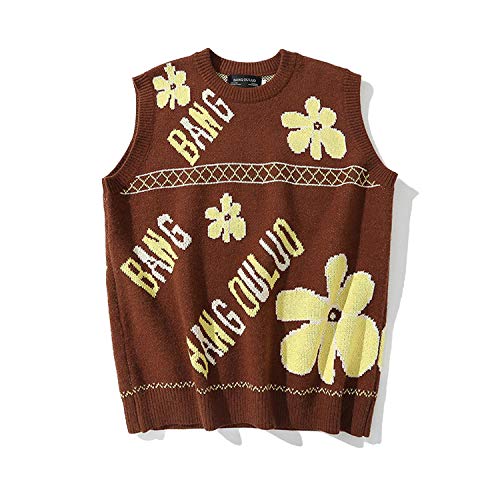Outwears 95% Algodón Vintage Knit Chaleco Hombres Suéteres Flor Impresión Marrón Otoño 2020 Jacquard Sin Mangas Jumper Corea Ropa