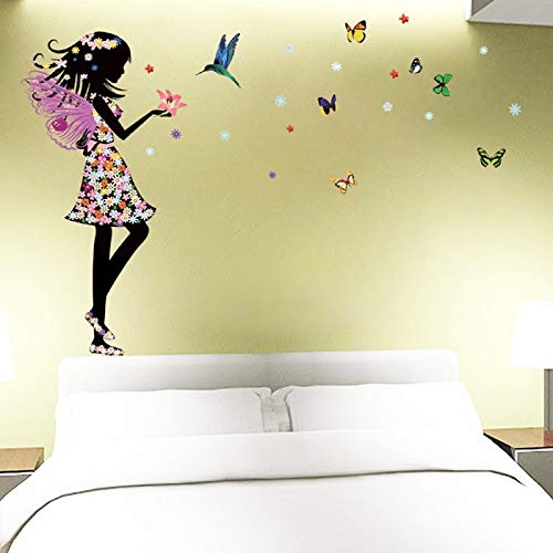 Pegatinas de pared 3D Hermosa flor de mariposa muchachas de hadas aves, bricolaje Arte casera del PVC fondo de pantalla, Corredor de sala de juegos for niños y niñas de decoración de interior 50x70cm