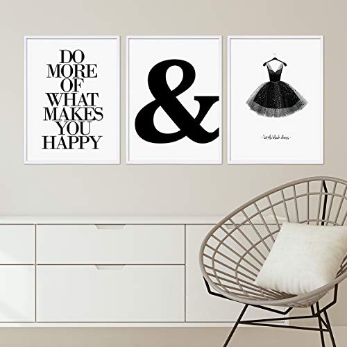 Photolini Set de 3 pósteres de diseño con Marcos en Color Blanco 30x40 cm, Blanco-Negro, diseño, tipografía, decoración, Moderno